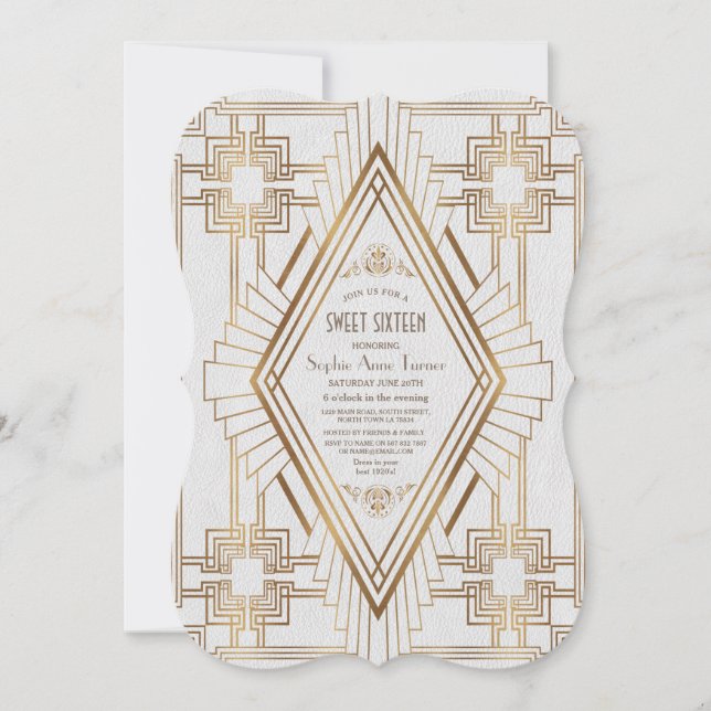 Glam Gold und White Great Gatsby Sweet 16 Einladung (Vorderseite)