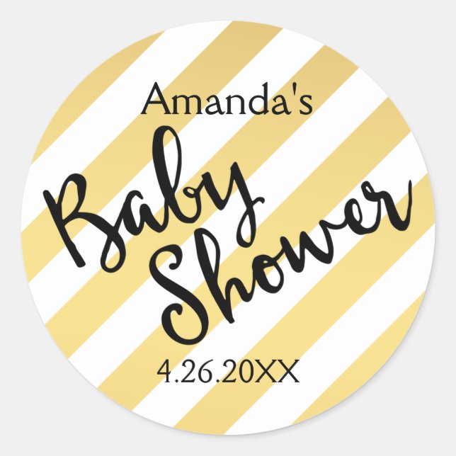 Glam Gold und White Stripes Babydusche Runder Aufkleber (Vorderseite)