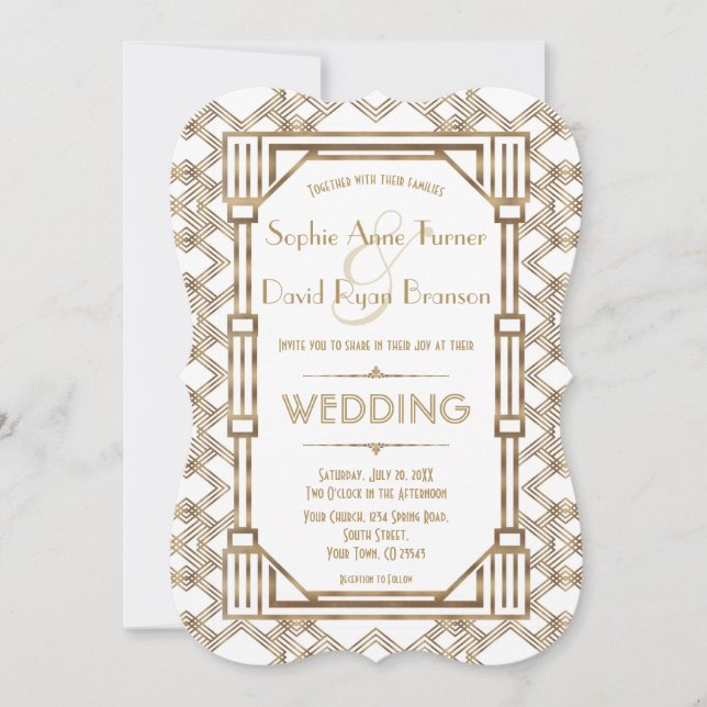 Glam Gold White Great Gatsby 1920er Hochzeit Einladung (Vorderseite)