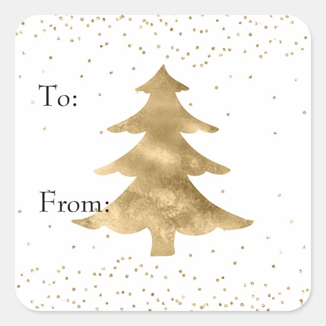 Glam Gold White Sparkle Weihnachtsbaum Quadratischer Aufkleber (Vorderseite)