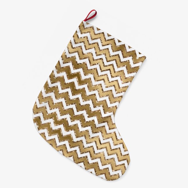 Glam Gold White Zigzag Streifen Großer Weihnachtsstrumpf (Vorderansicht (hängend))