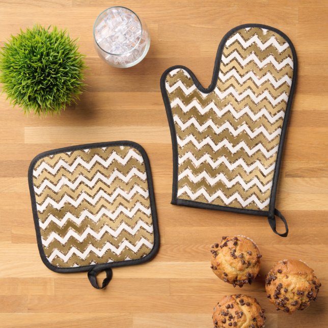 Glam Gold White Zigzag Streifen Ofenhandschuh & Topflappen-Set (Oben Unten)