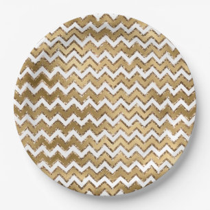 Glam Gold White Zigzag Streifen Pappteller