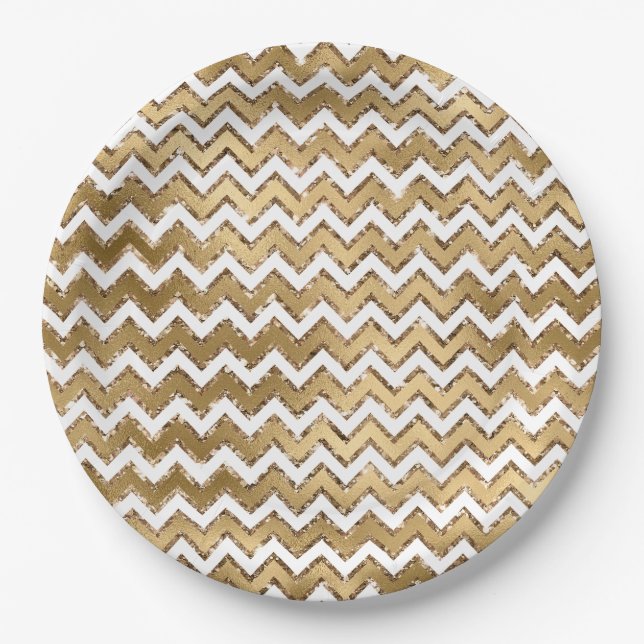 Glam Gold White Zigzag Streifen Pappteller (Vorderseite)