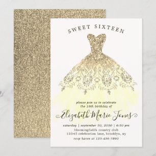 Glam Gold Yellow Sparkle Dress Sweet 16. Geburtsta Einladung