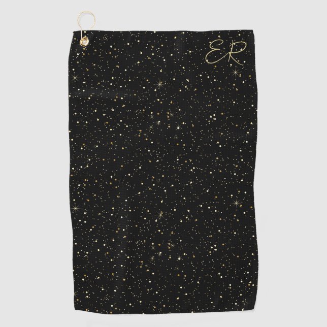 Glam goldfarbener Glitzer und Glitzern auf schwarz Golfhandtuch (Vorderseite)