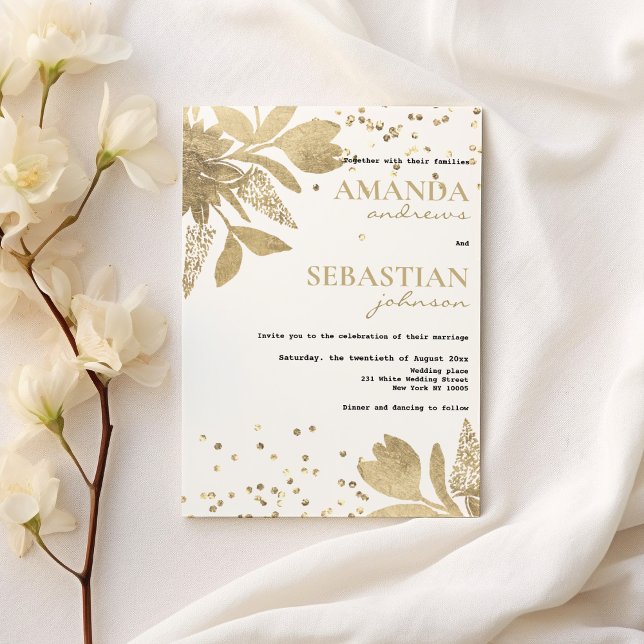 Glam-Goldtypografie Konfetti Blumenzehen Einladung (Glam white gold typography confetti floral Wedding )