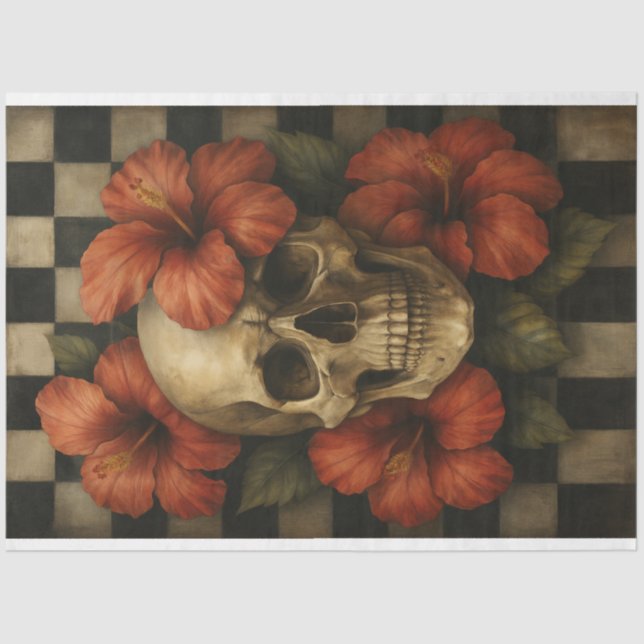 Glam Goth Skull mit Hibiskus-Blume Seidenpapier (Vorderseite)