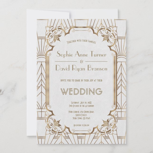 Glam Great Gatsby White Art Deco 20er Hochzeit Einladung (Vorderseite)