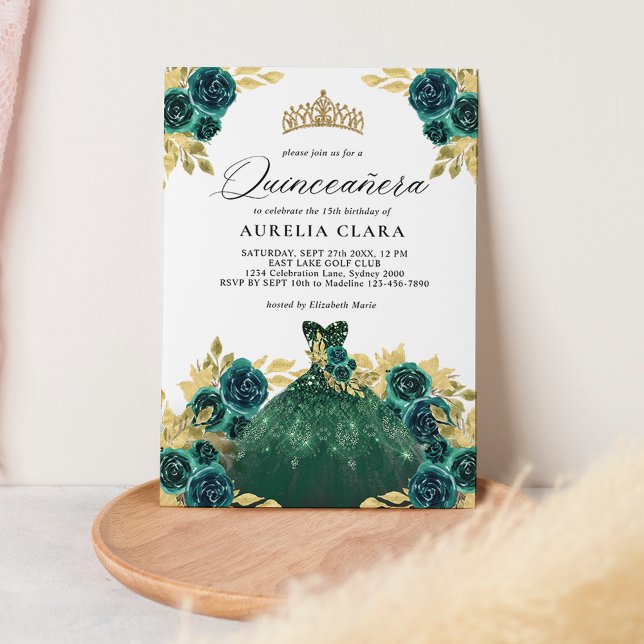 Glam Green Dress Floral 15. Quinceañera Einladung (Von Creator hochgeladen)
