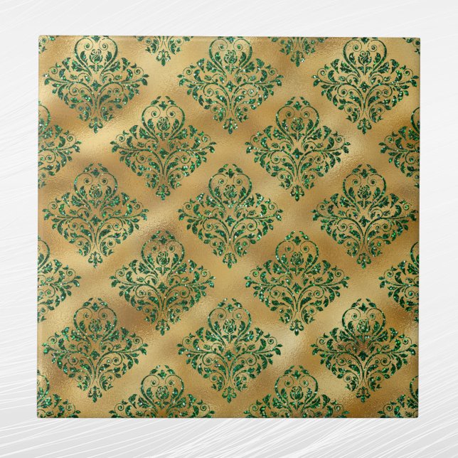 Glam Green Gold Damask Muster Fliese (Von Creator hochgeladen)