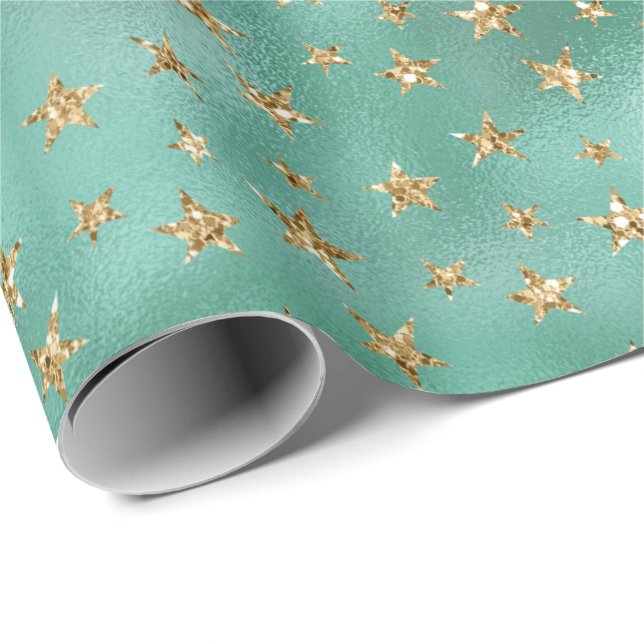 Glam Green Gold Glitzer Stars Geschenkpapier (Rolleneckpunkt)