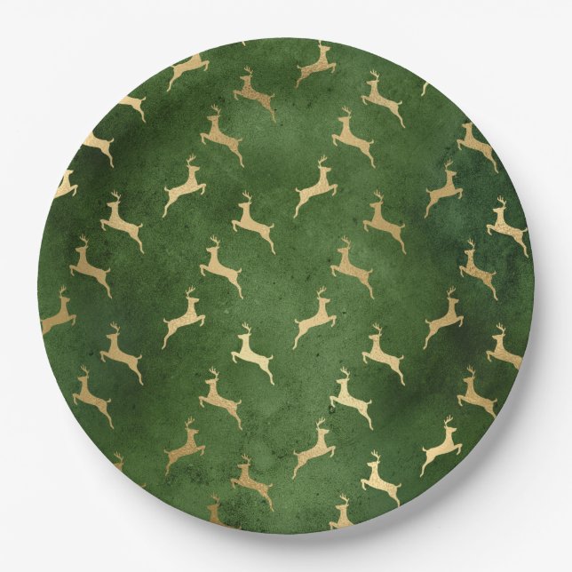 Glam Green Gold Rentier Weihnachten Pappteller (Vorderseite)