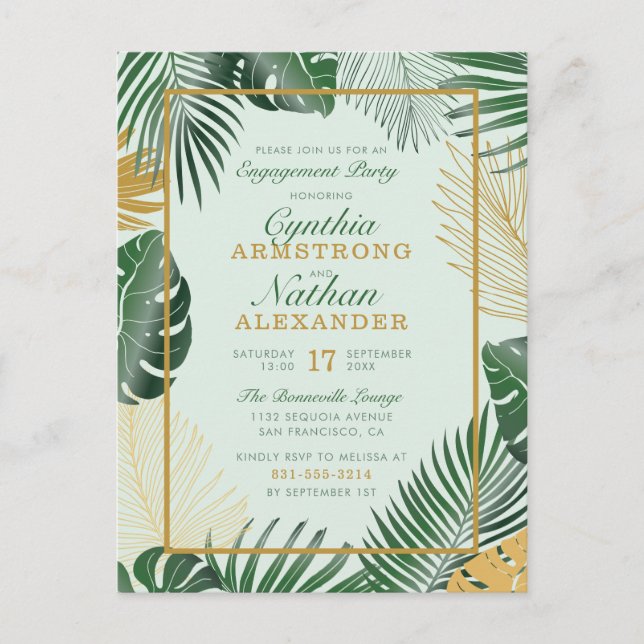 Glam Green Tropical Blätter Moderne Engagement Par Einladungspostkarte (Vorderseite)