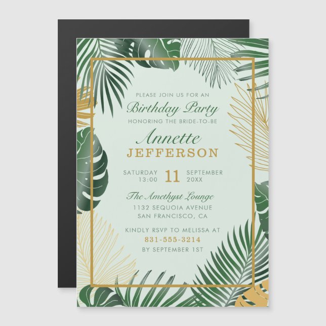 Glam Green Tropical Blätter Trendy Birthday Party Magneteinladung (Vorne/Hinten)
