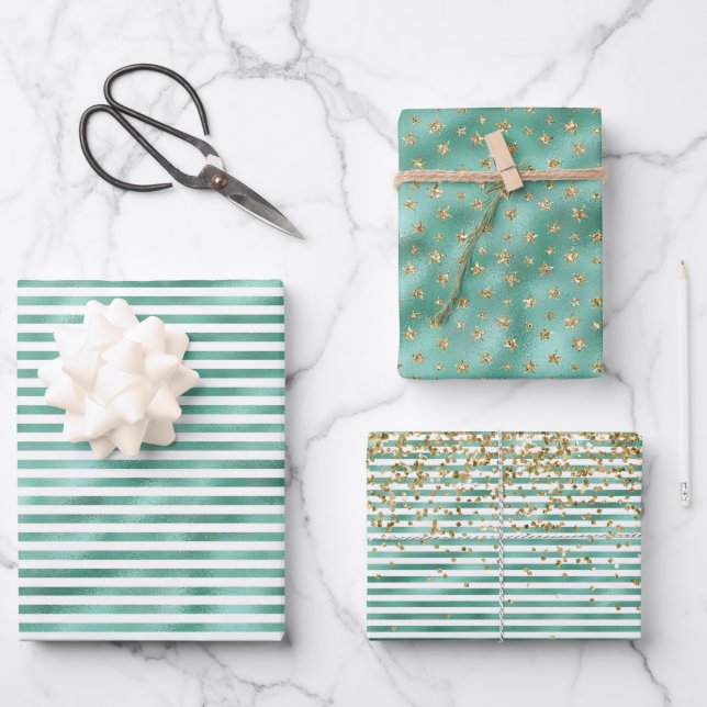 Glam Green White Stripes Gold Glitzer Geschenkpapier Set (Vorderseite)