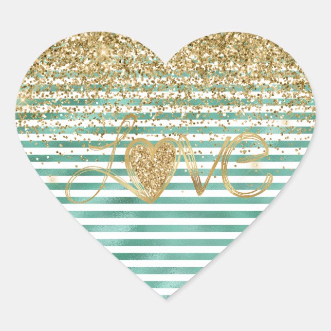 Glam Green White Stripes Gold Glitzer Liebe Herz-Aufkleber (Vorderseite)