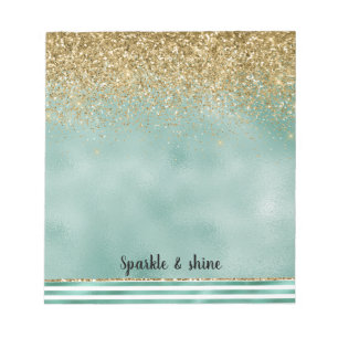 Glam Green White Stripes Gold Glitzer Notizblock