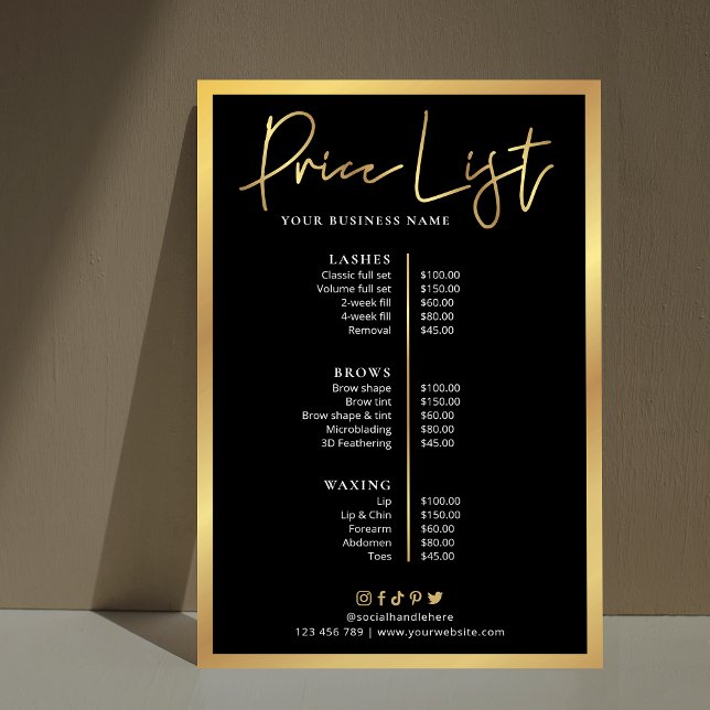 Glam Hair Stylist Black & Gold Preisliste Poster (Black and Gold Effect Price List Poster, can be used for any type of business)