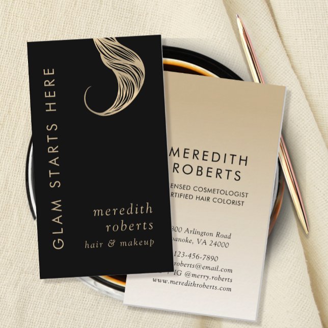Glam Hair und Makeup Golden Blonde Hair Curl Visitenkarte (Glam Starts Here Hair and Makeup Blonde Hair Curl Business Card)