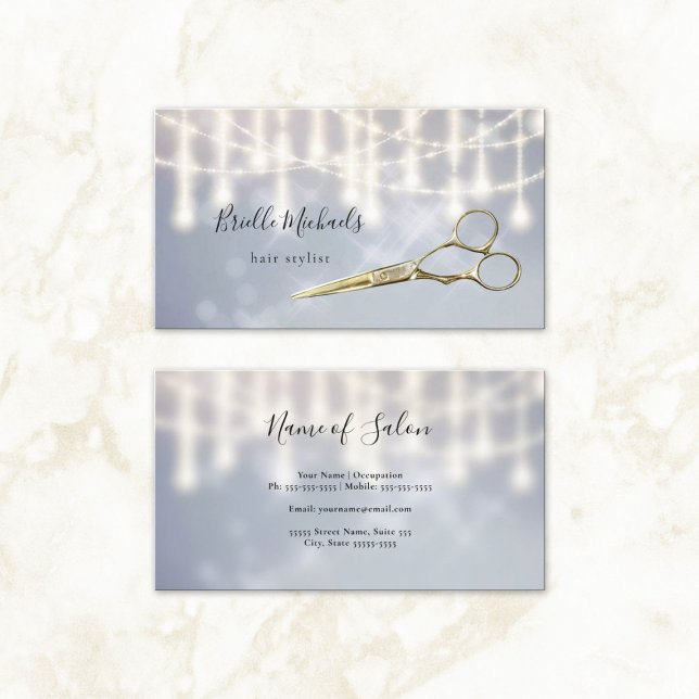 Glam Hairstylist Gold Shears Silver Twinkle Bokeh Visitenkarte (Glam Hairstylist Gold Shears Silver Twinkle Bokeh Business Cards)