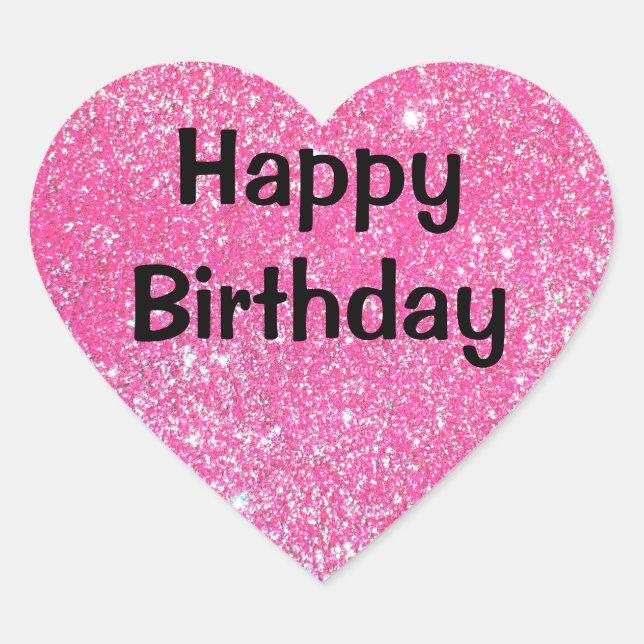 Glam Happy Birthday Black Hot Pink Glitzer Sparkle Herz-Aufkleber (Vorderseite)