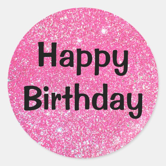 Glam Happy Birthday Black Hot Pink Glitzer Sparkle Runder Aufkleber (Vorderseite)