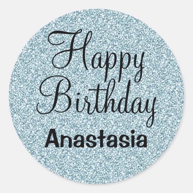 Glam Happy Birthday Blue Silver Glitzer Glitzern Runder Aufkleber (Vorderseite)