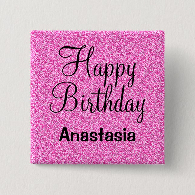 Glam Happy Birthday Hot Pink Glitzer Sparkname Button (Vorderseite)