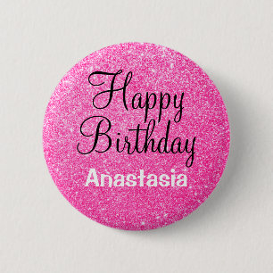 Glam Happy Birthday Hot Pink Glitzer Sparkname Button