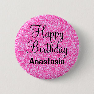 Glam Happy Birthday Hot Pink Glitzer Sparkname Button