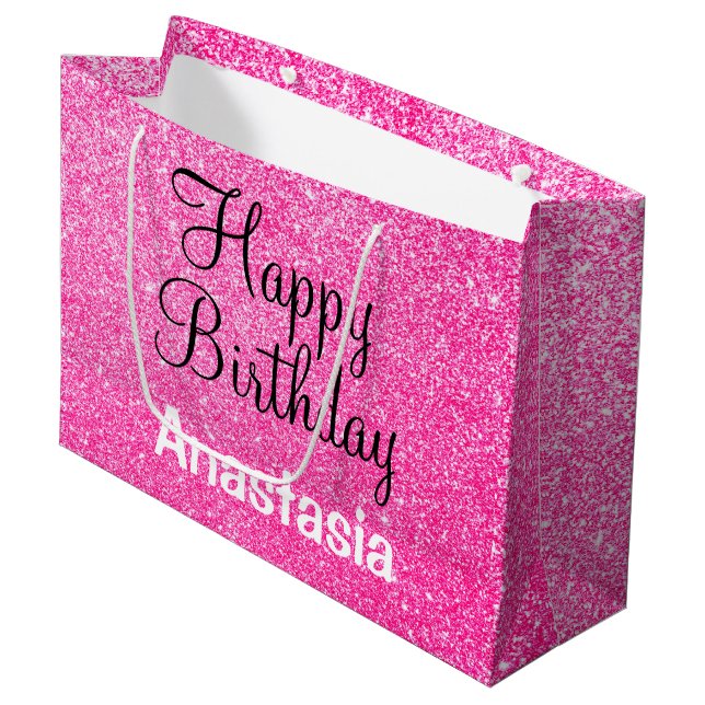 Glam Happy Birthday Hot Pink Glitzer Sparkname Große Geschenktüte (Vorderseite Schrägansicht)