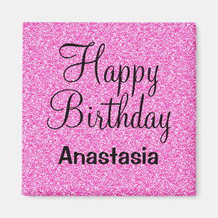 Glam Happy Birthday Hot Pink Glitzer Sparkname Magnet