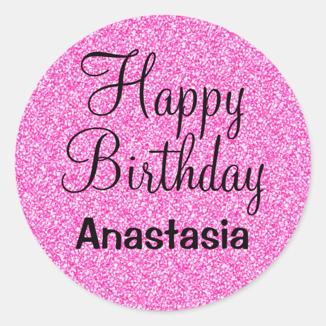Glam Happy Birthday Hot Pink Glitzer Sparkname Runder Aufkleber (Vorderseite)