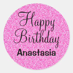 Glam Happy Birthday Hot Pink Glitzer Sparkname Runder Aufkleber