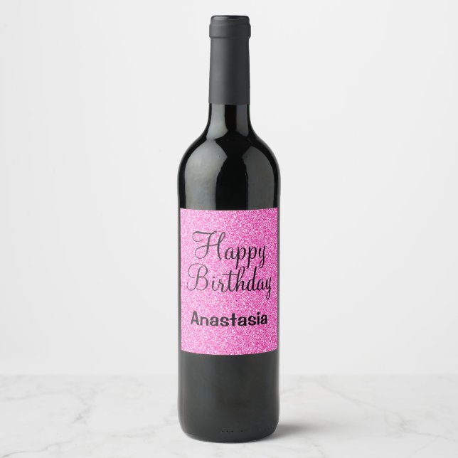 Glam Happy Birthday Hot Pink Glitzer Sparkname Weinetikett (Vorderseite)