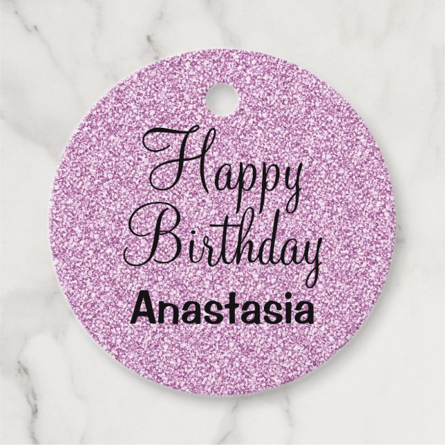 Glam Happy Birthday Lila Glitzer Sparkle Name Geschenkanhänger (Vorderseite)