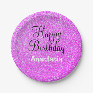 Glam Happy Birthday Lila Glitzer Sparkle Name Pappteller