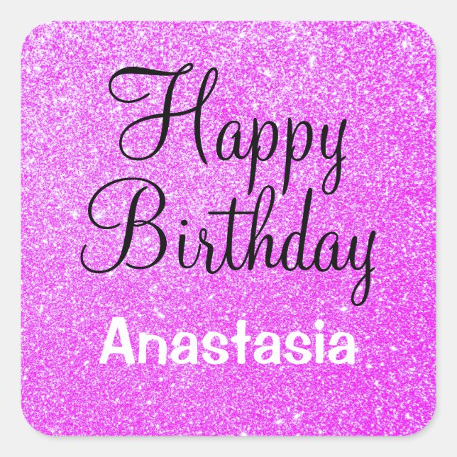 Glam Happy Birthday Lila Glitzer Sparkle Name Quadratischer Aufkleber (Vorderseite)