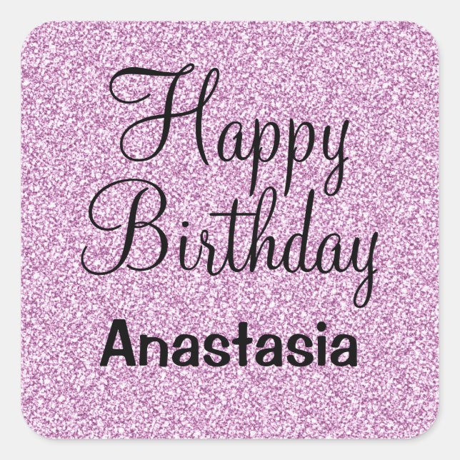 Glam Happy Birthday Lila Glitzer Sparkle Name Quadratischer Aufkleber (Vorderseite)