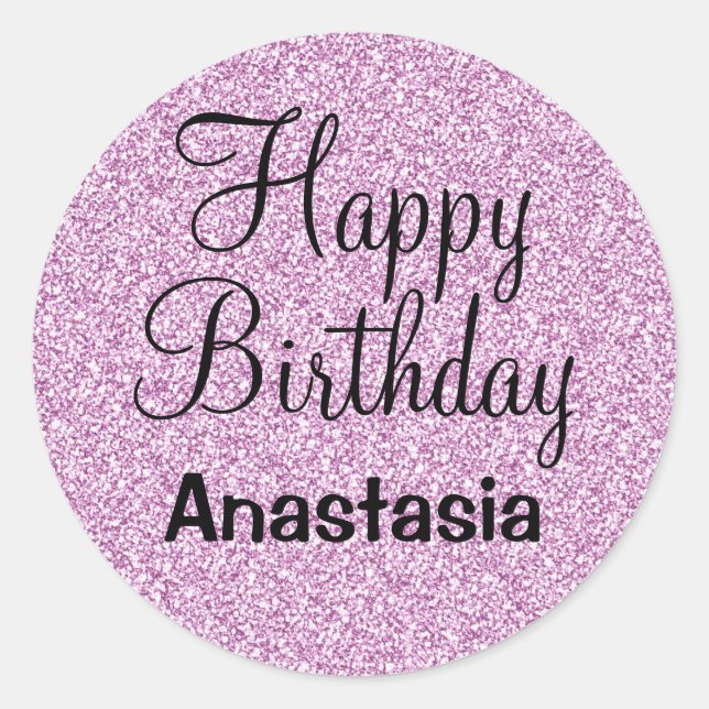 Glam Happy Birthday Lila Glitzer Sparkle Name Runder Aufkleber (Vorderseite)