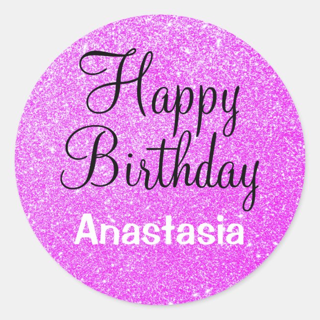 Glam Happy Birthday Lila Glitzer Sparkle Name Runder Aufkleber (Vorderseite)