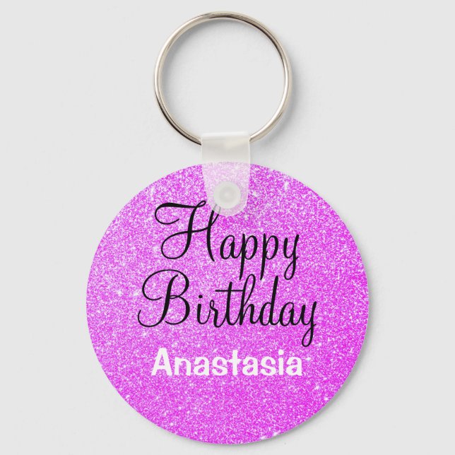 Glam Happy Birthday Lila Glitzer Sparkle Name Schlüsselanhänger (Vorderseite)