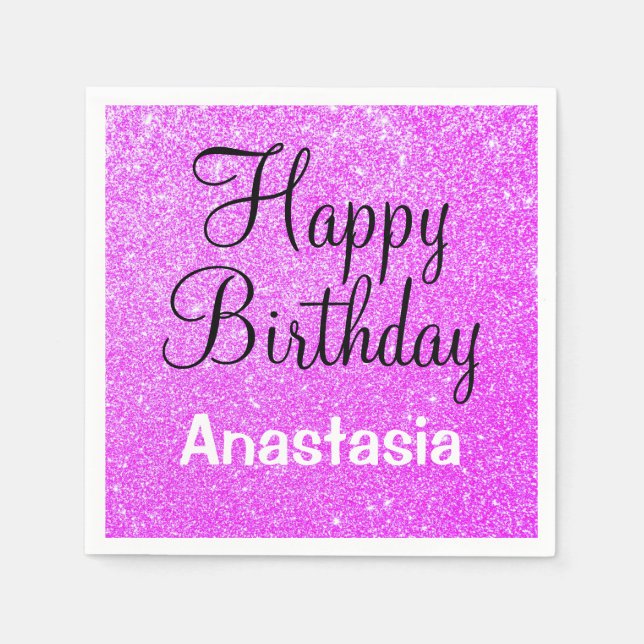 Glam Happy Birthday Lila Glitzer Sparkle Name Serviette (Vorderseite)