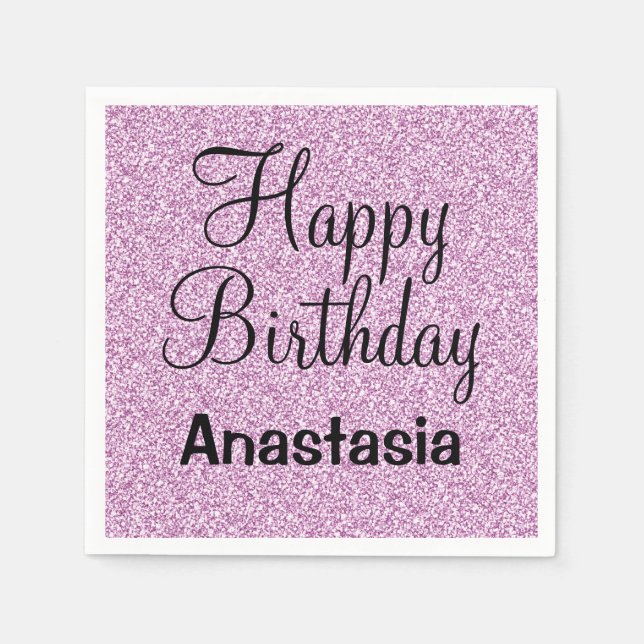 Glam Happy Birthday Lila Glitzer Sparkle Name Serviette (Vorderseite)