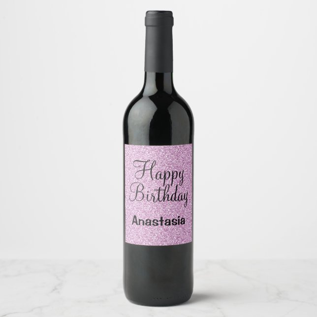 Glam Happy Birthday Lila Glitzer Sparkle Name Weinetikett (Vorderseite)