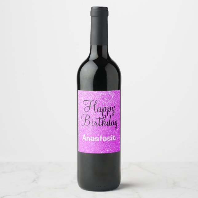 Glam Happy Birthday Lila Glitzer Sparkle Name Weinetikett (Vorderseite)