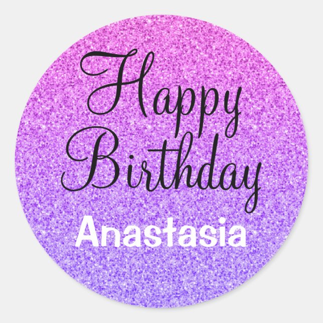 Glam Happy Birthday Ombre Lila Glitzer Glitzern Runder Aufkleber (Vorderseite)