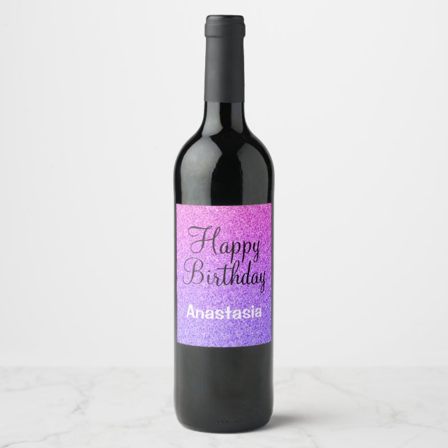 Glam Happy Birthday Ombre Lila Glitzer Glitzern Weinetikett (Vorderseite)