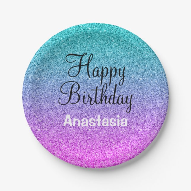 Glam Happy Birthday Ombre Pink Lila Glitzer Pappteller (Vorderseite)